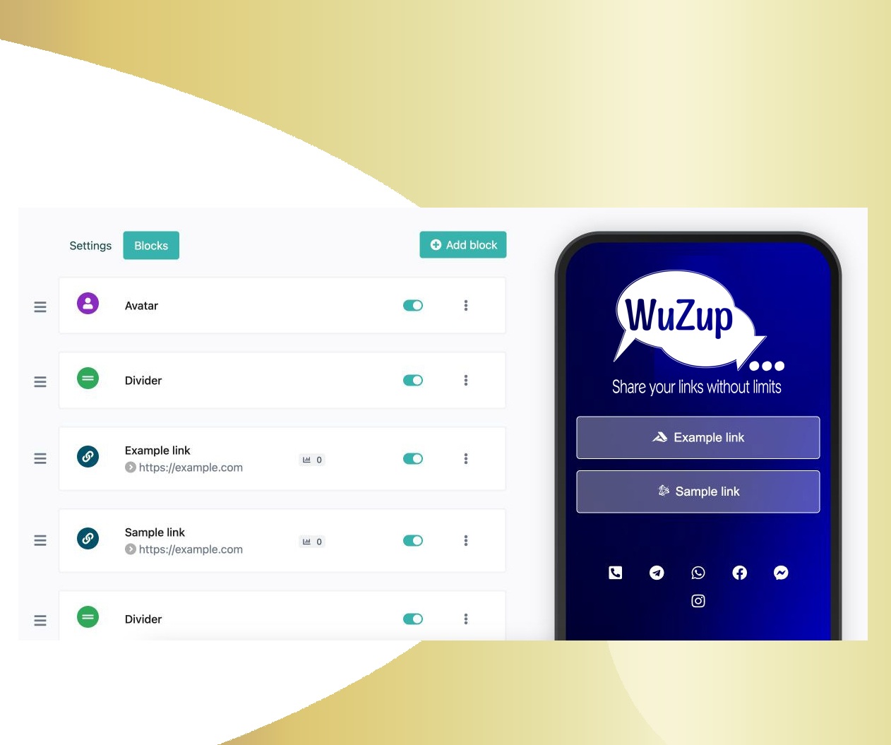 Wuzup page editor showing draggable blocks: avatar, divider, links, and socials