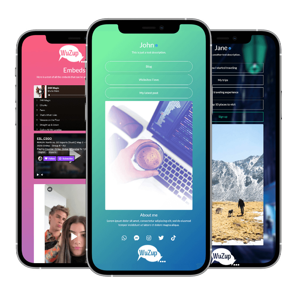 Three example Wuzup pages shown on phone screens, each with a different theme and set of links