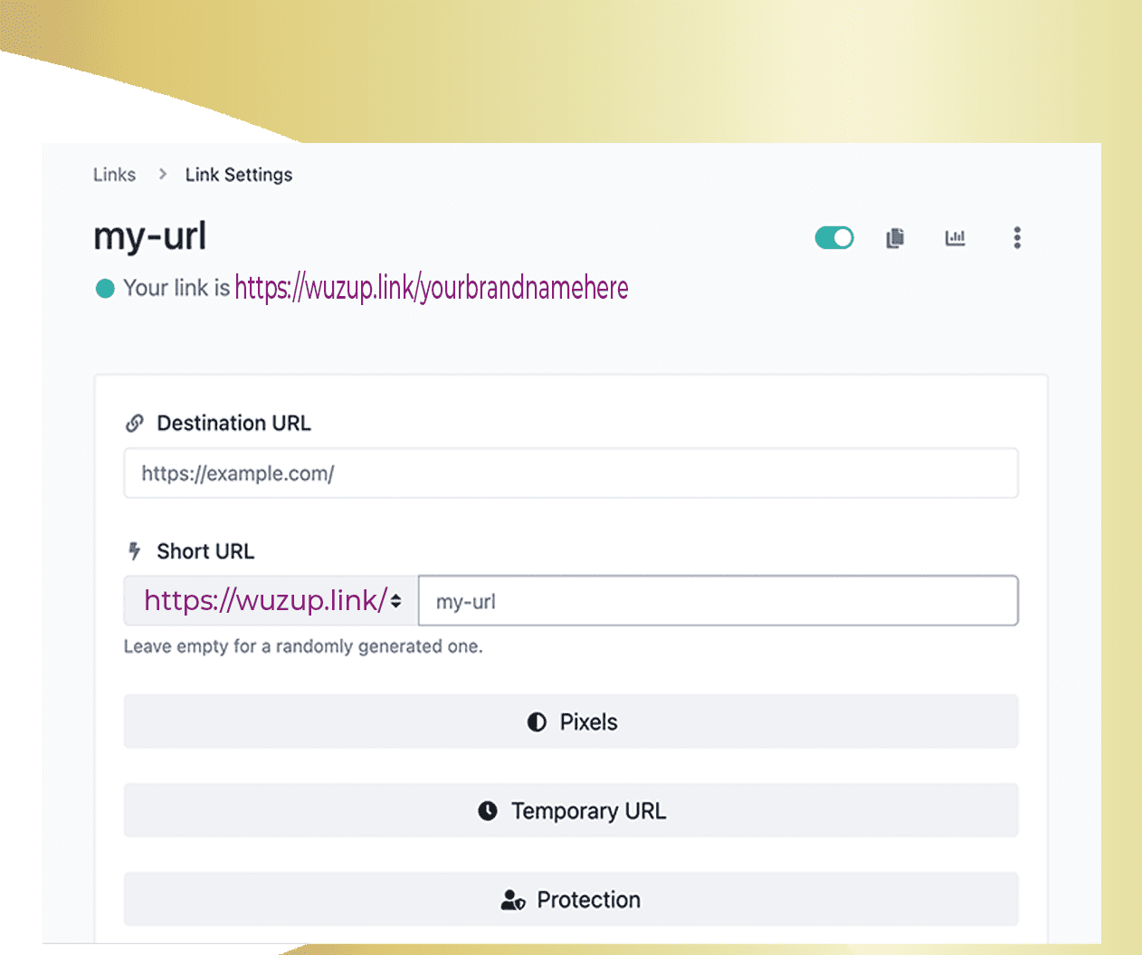 Wuzup link settings screen, the same dashboard where the 126 tools live