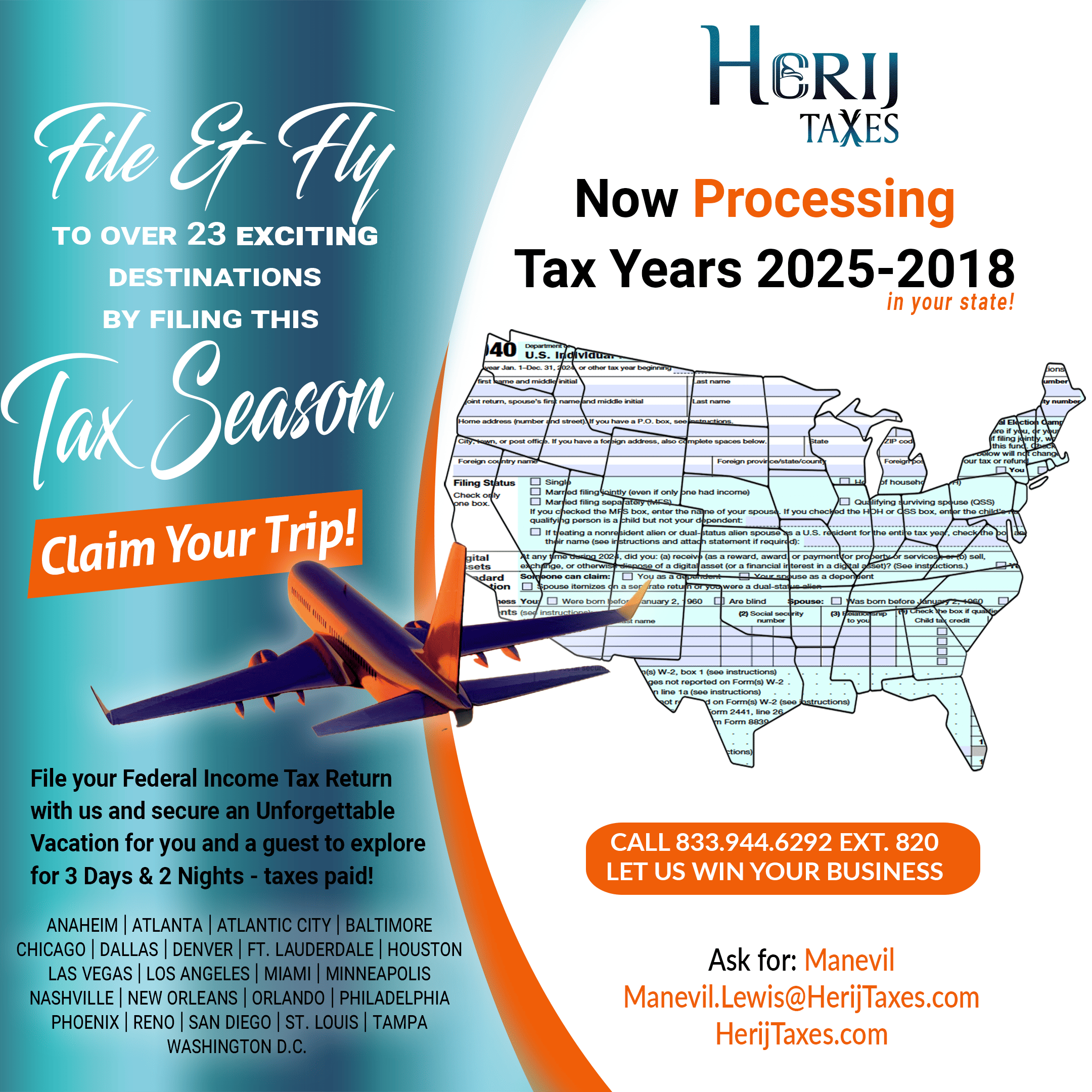 File and Fly to 23 destinations by filing with Herij Taxes